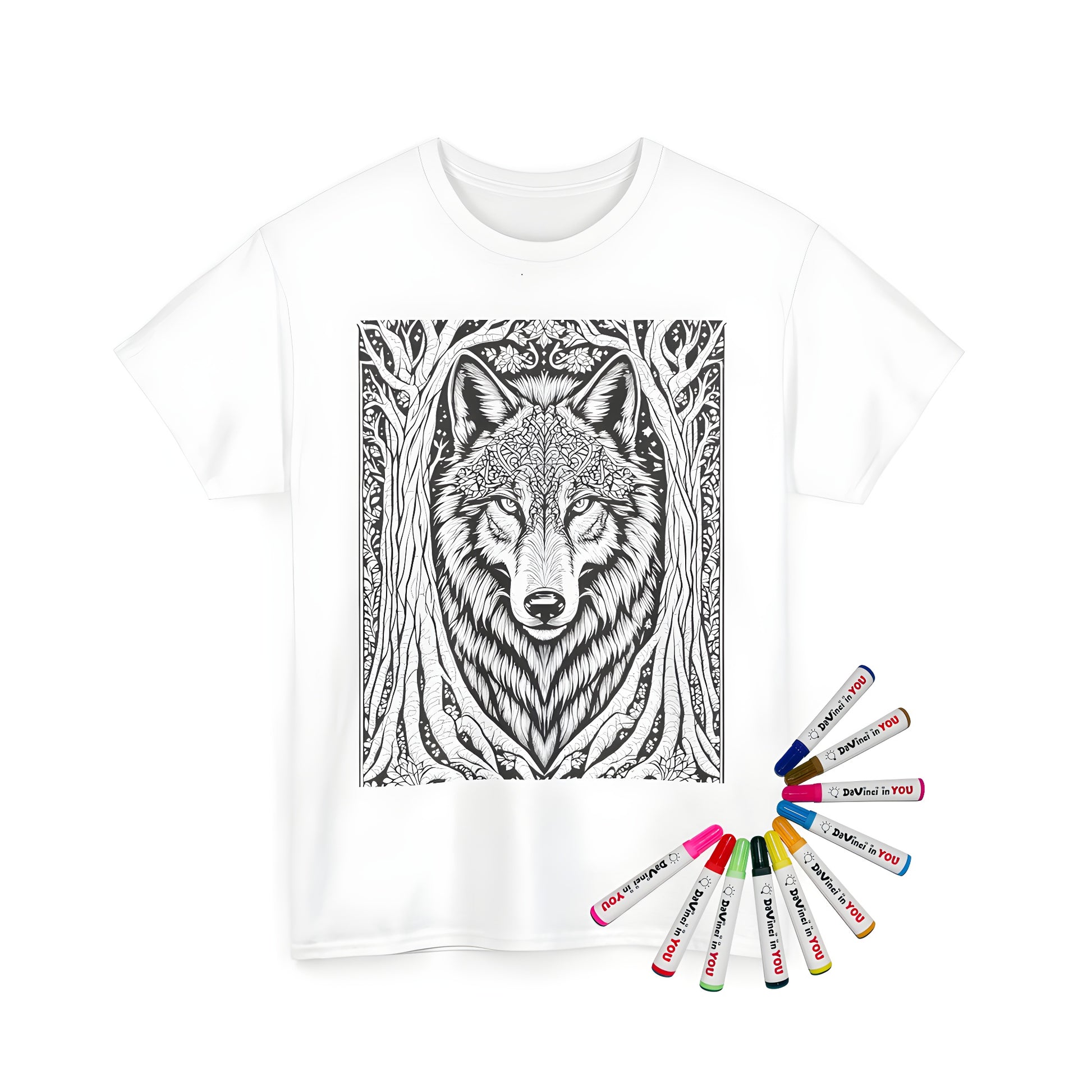 A unisex t-shirt featuring an ornate design of a wolf, framed by entwined trees, created with black and white coloring pages