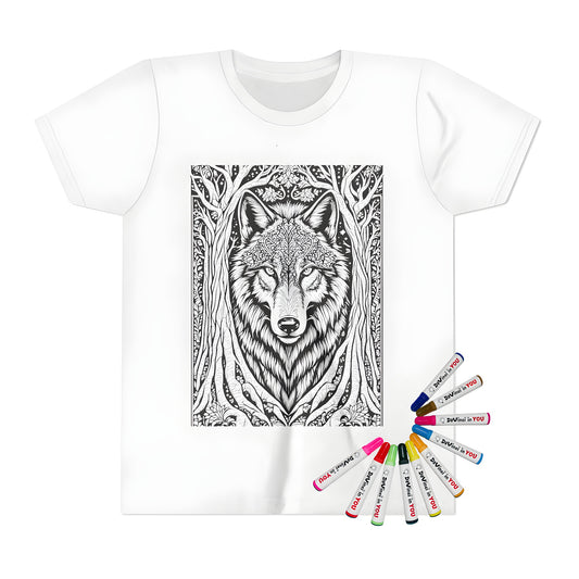 Kid's t-shirt featuring a detailed wolf illustration with ornate patterns and entwined trees, perfect for coloring with fabric markers