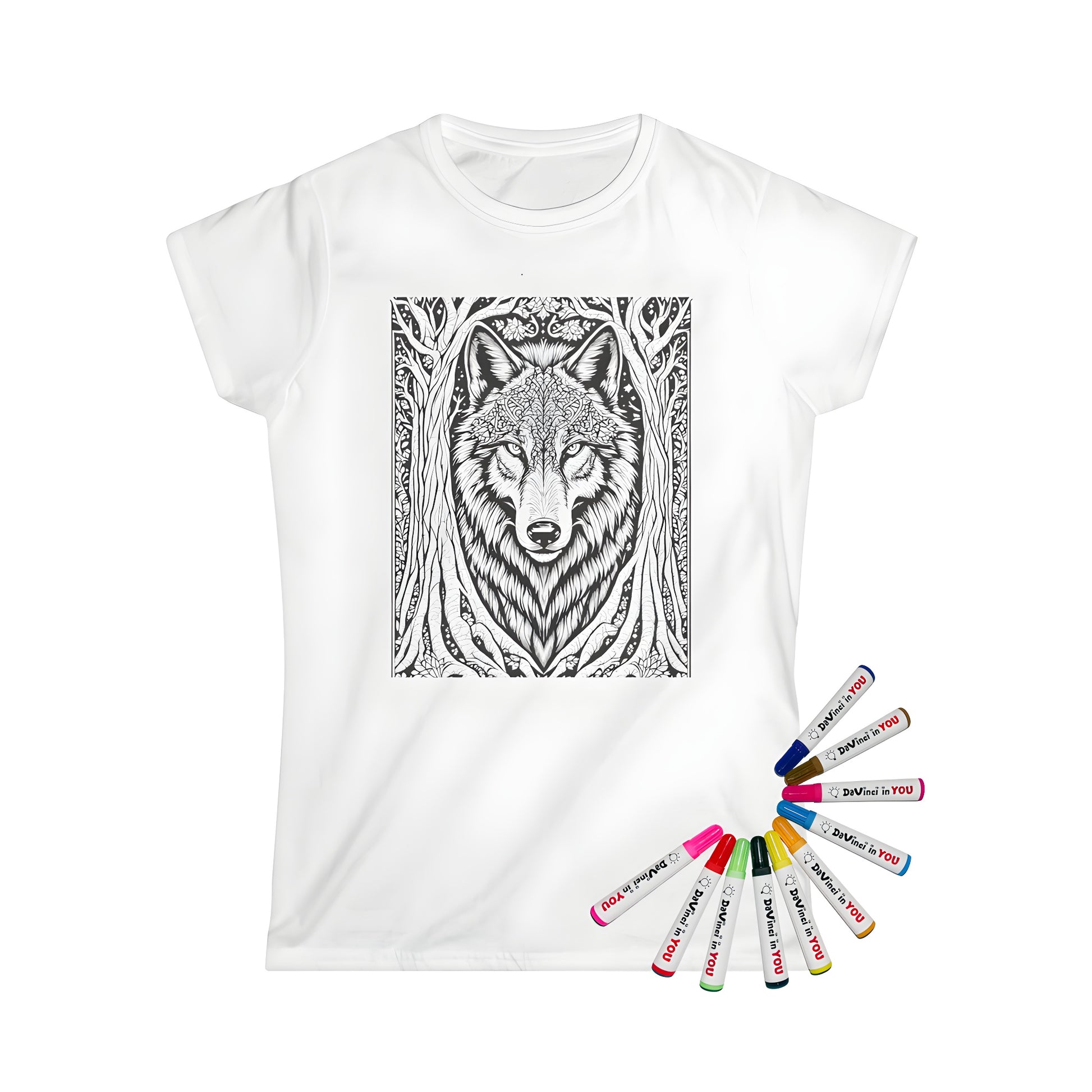 Women's t-shirt with unique wolf illustration designs and colorful artwork featuring entwined trees