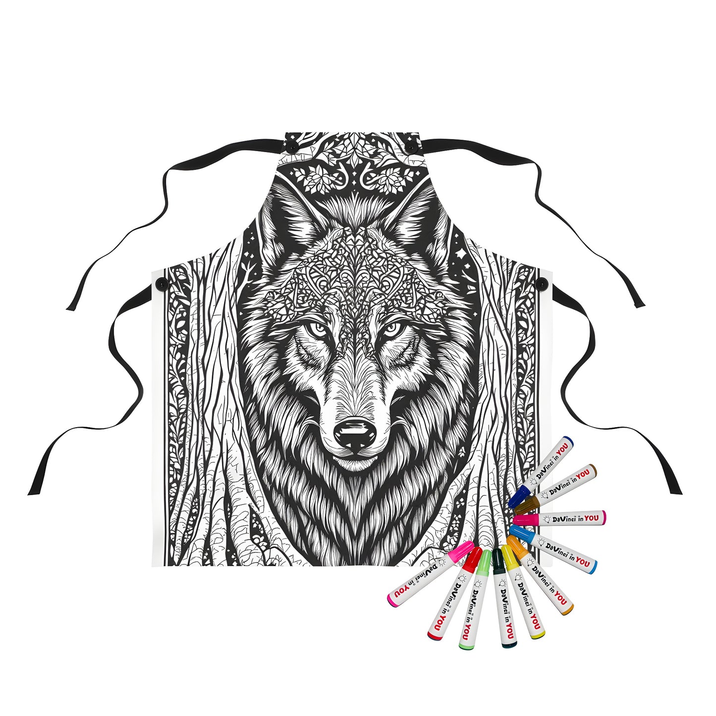 Apron with a wolf-inspired design featuring an intricate illustration of a gray wolf with ornate patterns, framed by entwined trees in black and white