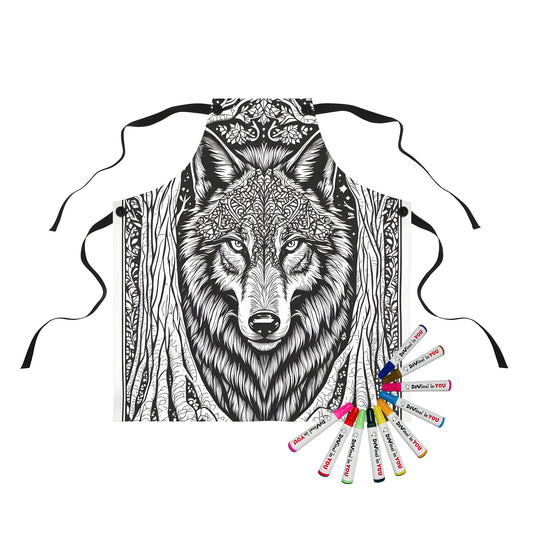 Apron with a wolf-inspired design featuring an intricate illustration of a gray wolf with ornate patterns, framed by entwined trees in black and white