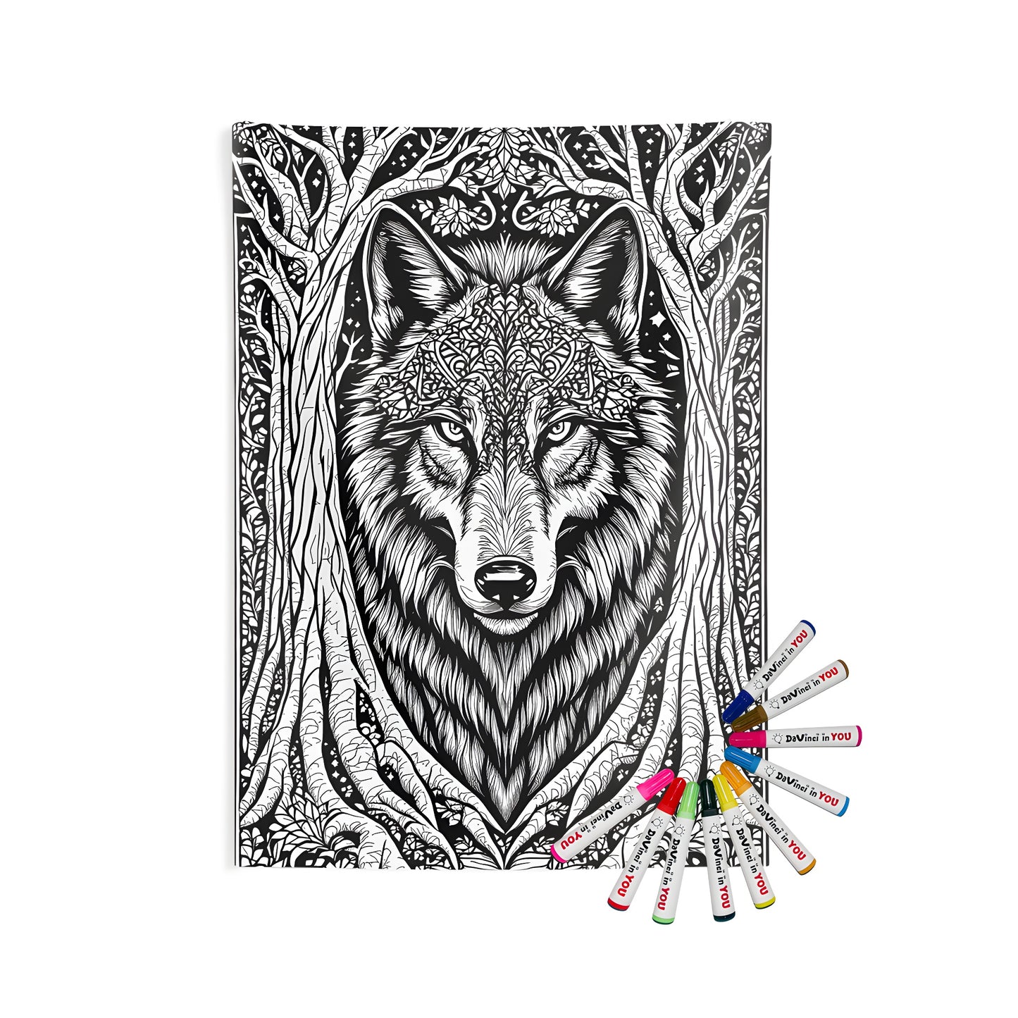 Detailed illustration of a wolf with ornate patterns, framed by entwined trees, combining wildlife and artistic design in black and white on an Indoor Wall Tapestry
