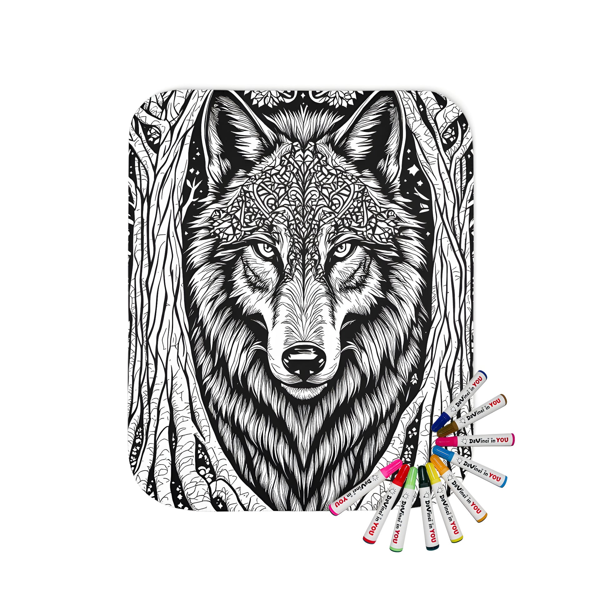 Blanket with detailed illustration of a wolf, ornate patterns, and entwined trees in black and white