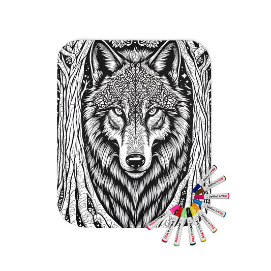 Blanket with detailed illustration of a wolf, ornate patterns, and entwined trees in black and white