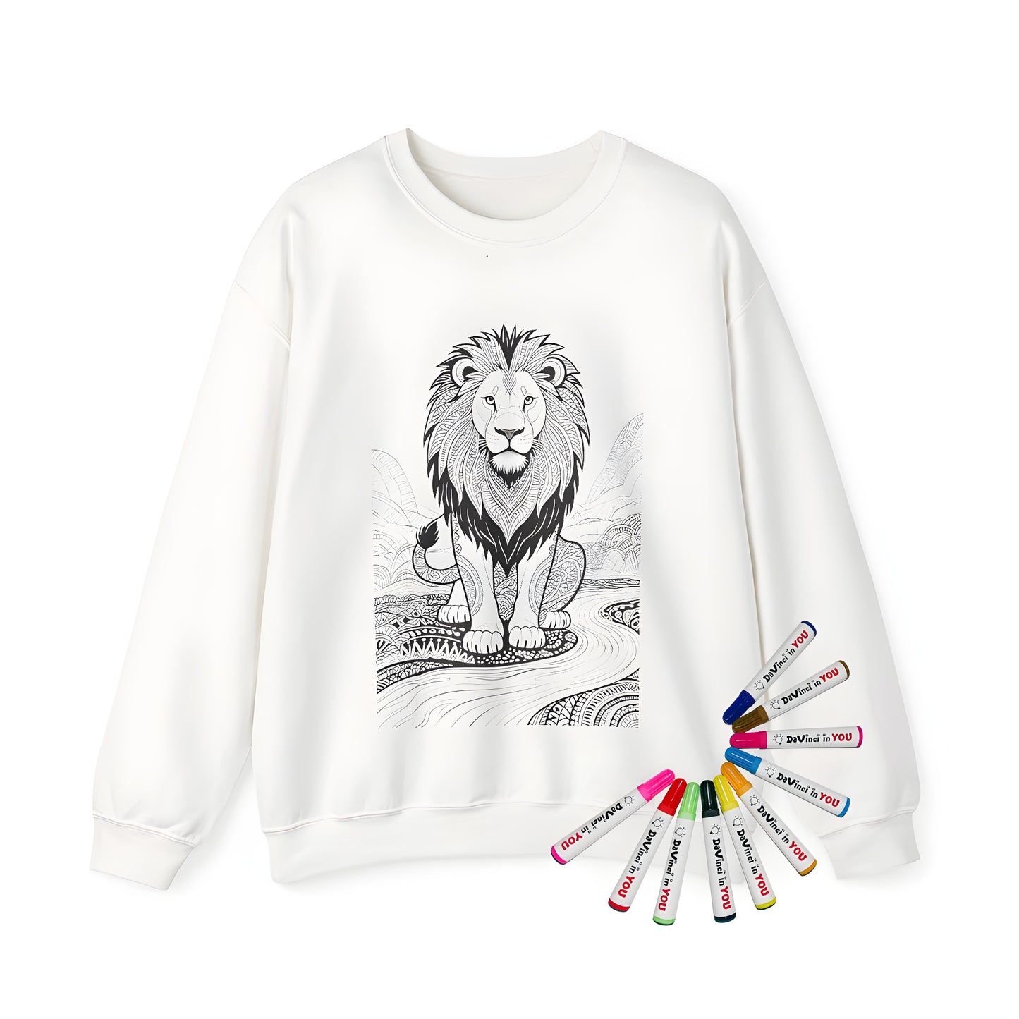 Adult sweatshirt featuring intricate lion design with detailed patterns and stylized background