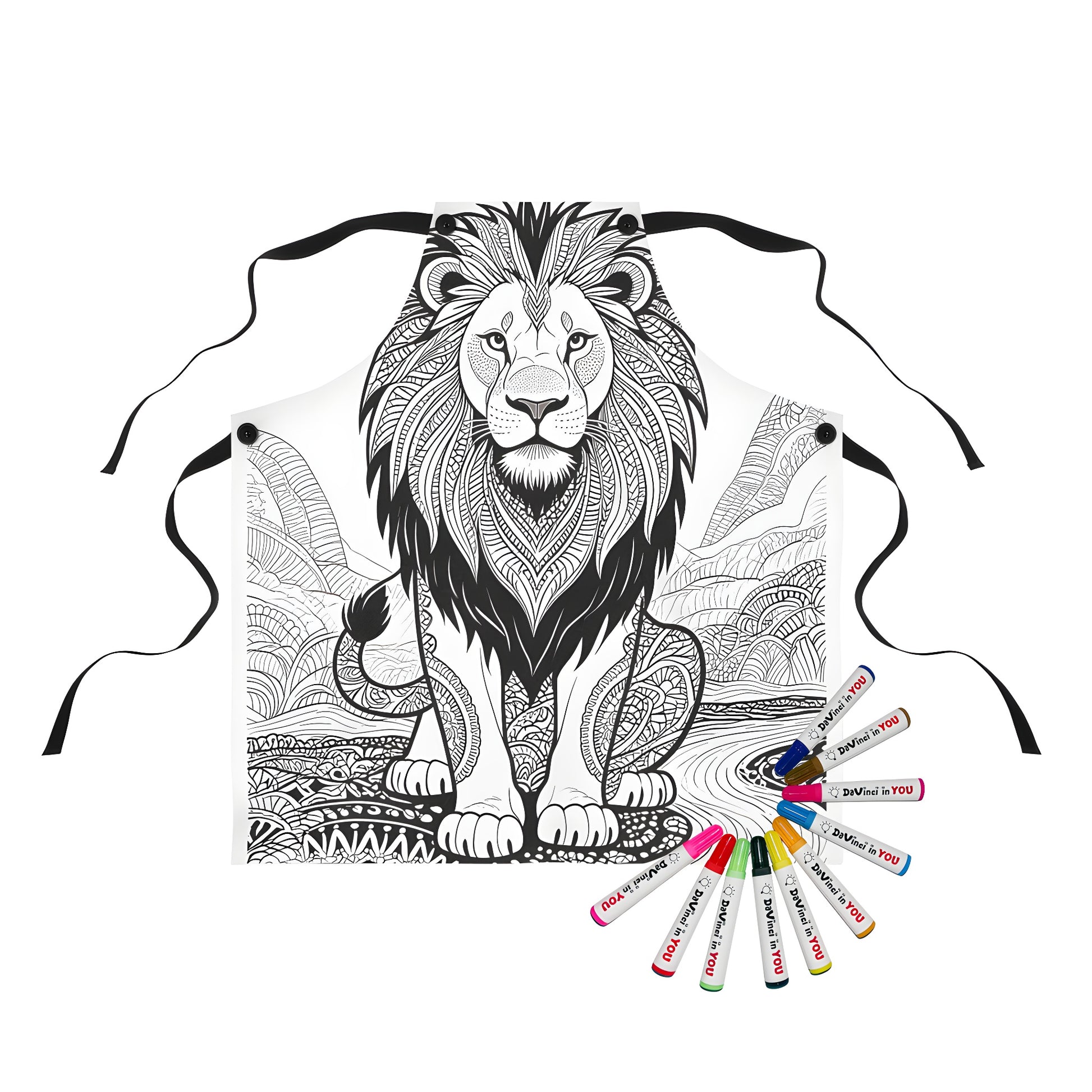 Apron with a detailed lion design, featuring intricate patterns on its mane and body, against a stylized background.