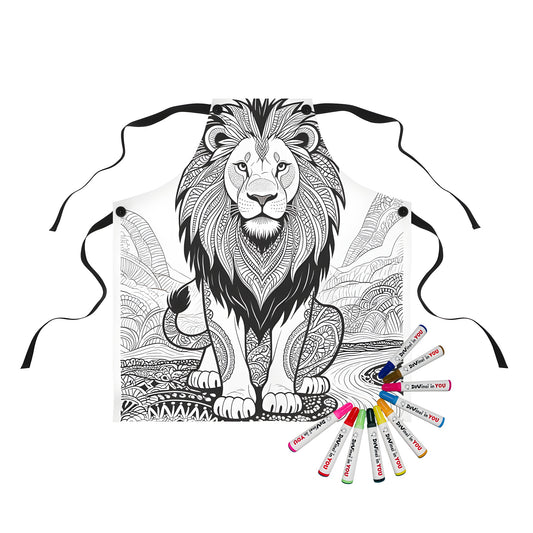 Apron with a detailed lion design, featuring intricate patterns on its mane and body, against a stylized background.