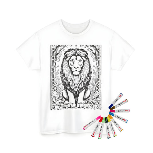 Unisex T-Shirt with majestic lion coloring page design, featuring intricate floral patterns and elaborate leaves