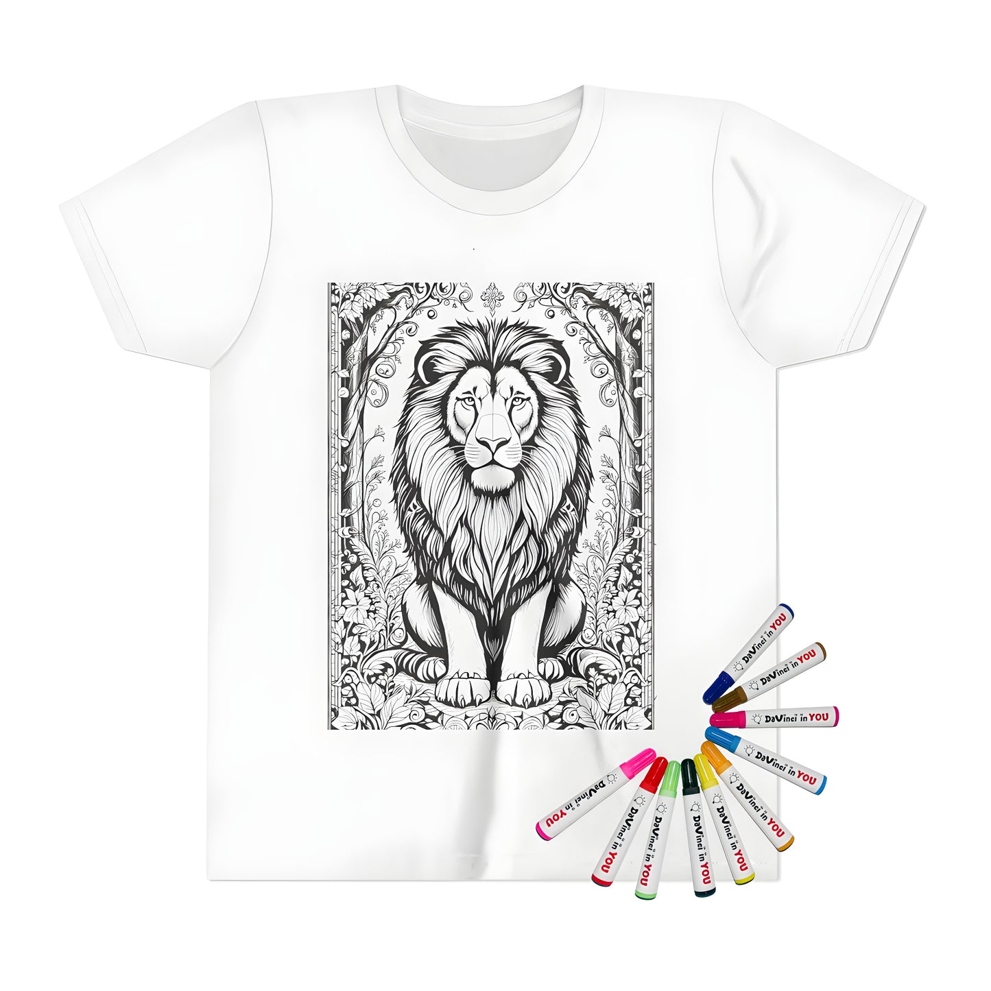 Kid's Regal Lion T-shirt coloring kit with vibrant fabric markers for creative fun