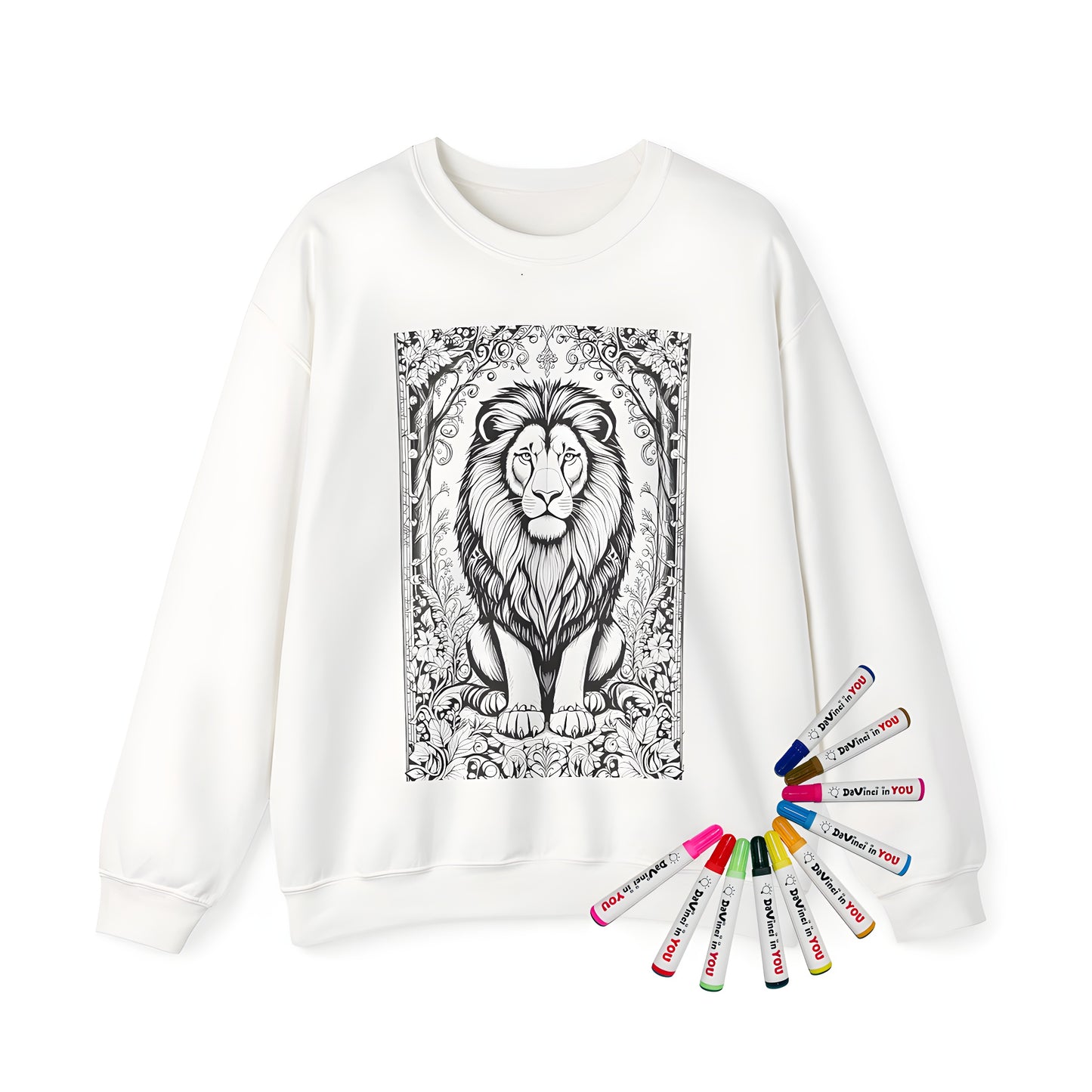 Adult sweatshirt with majestic lion design featuring intricate floral patterns