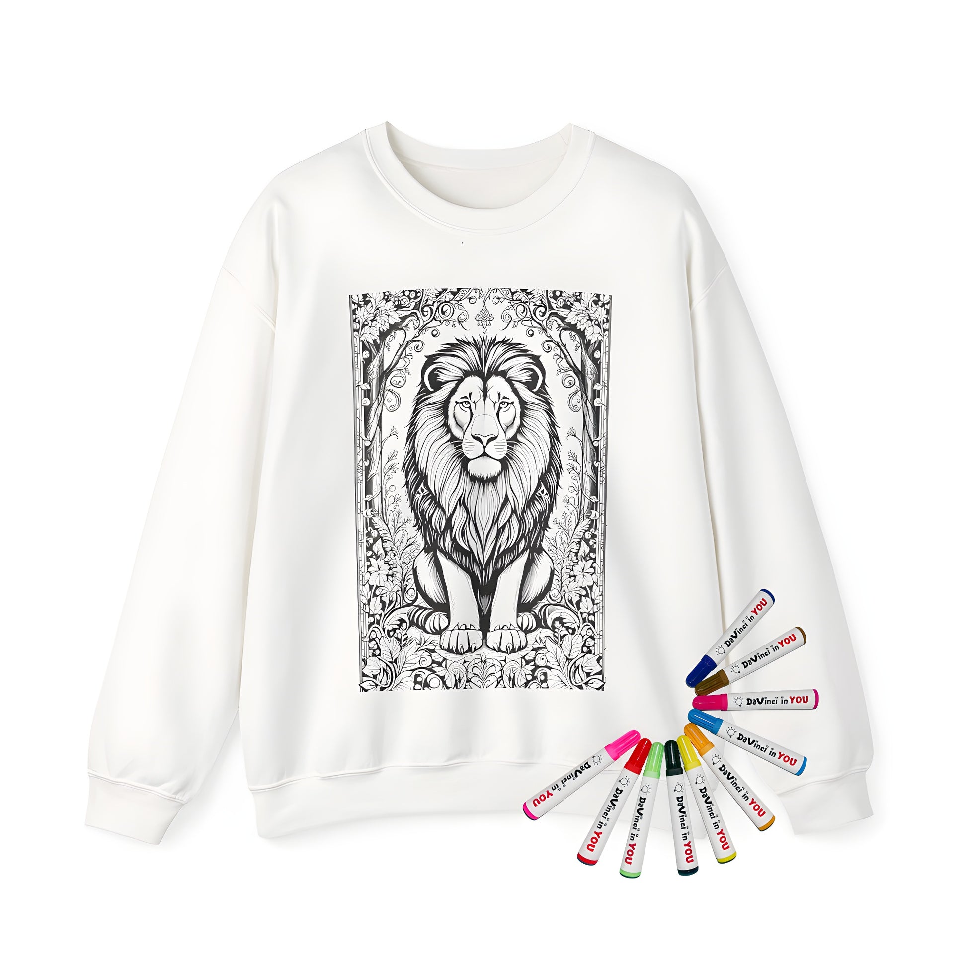 Adult sweatshirt with majestic lion design featuring intricate floral patterns