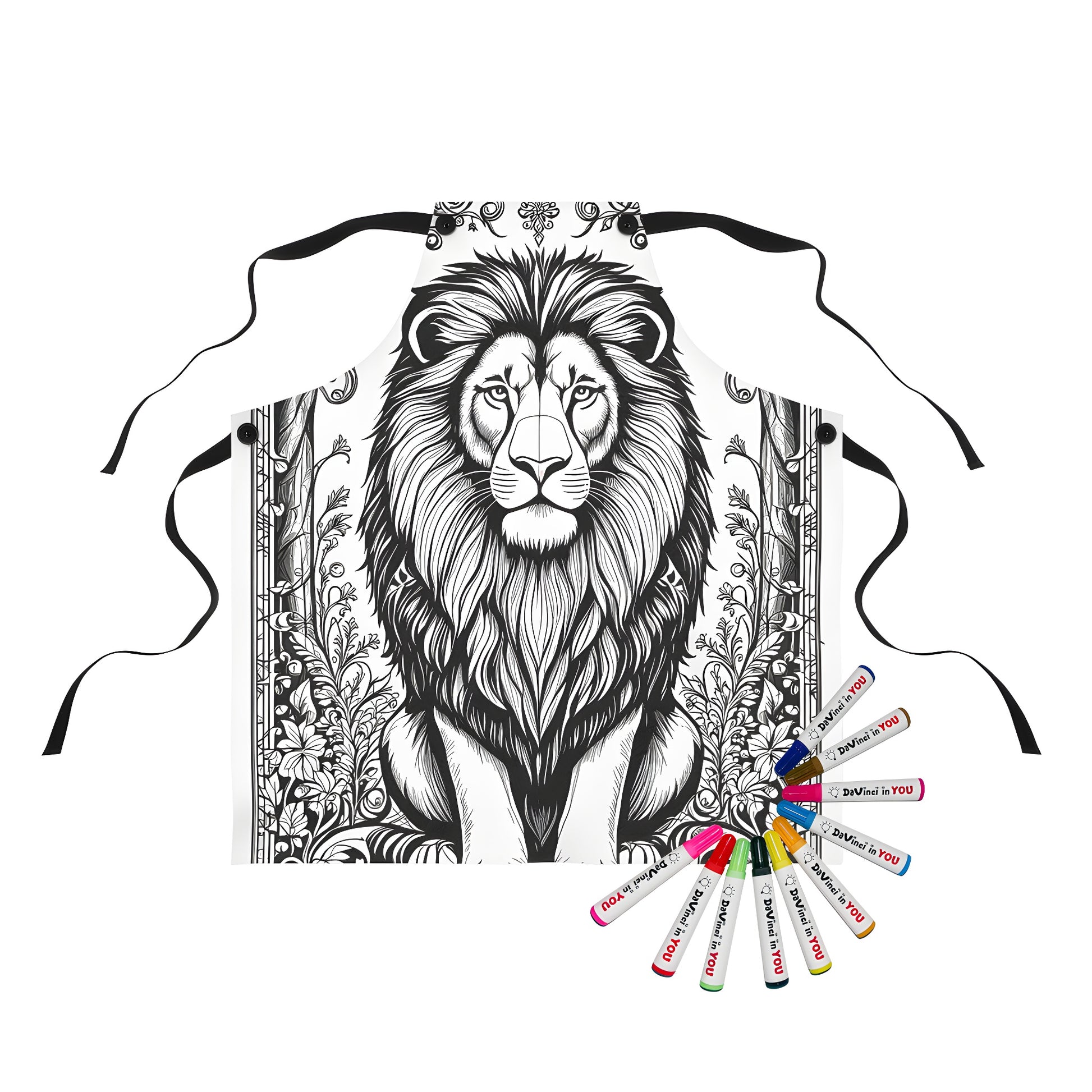 Regal lion apron coloring kit with 10 vibrant fabric markers for adults and kids
