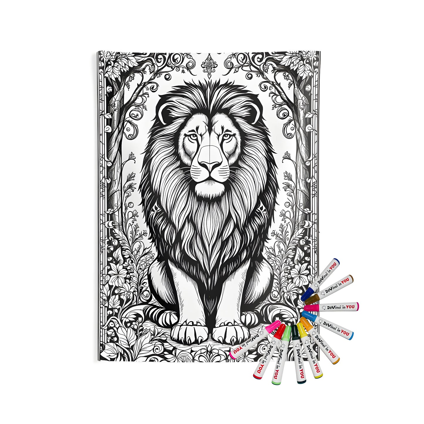 Indoor wall tapestry with majestic lion design featuring intricate floral patterns and leaves