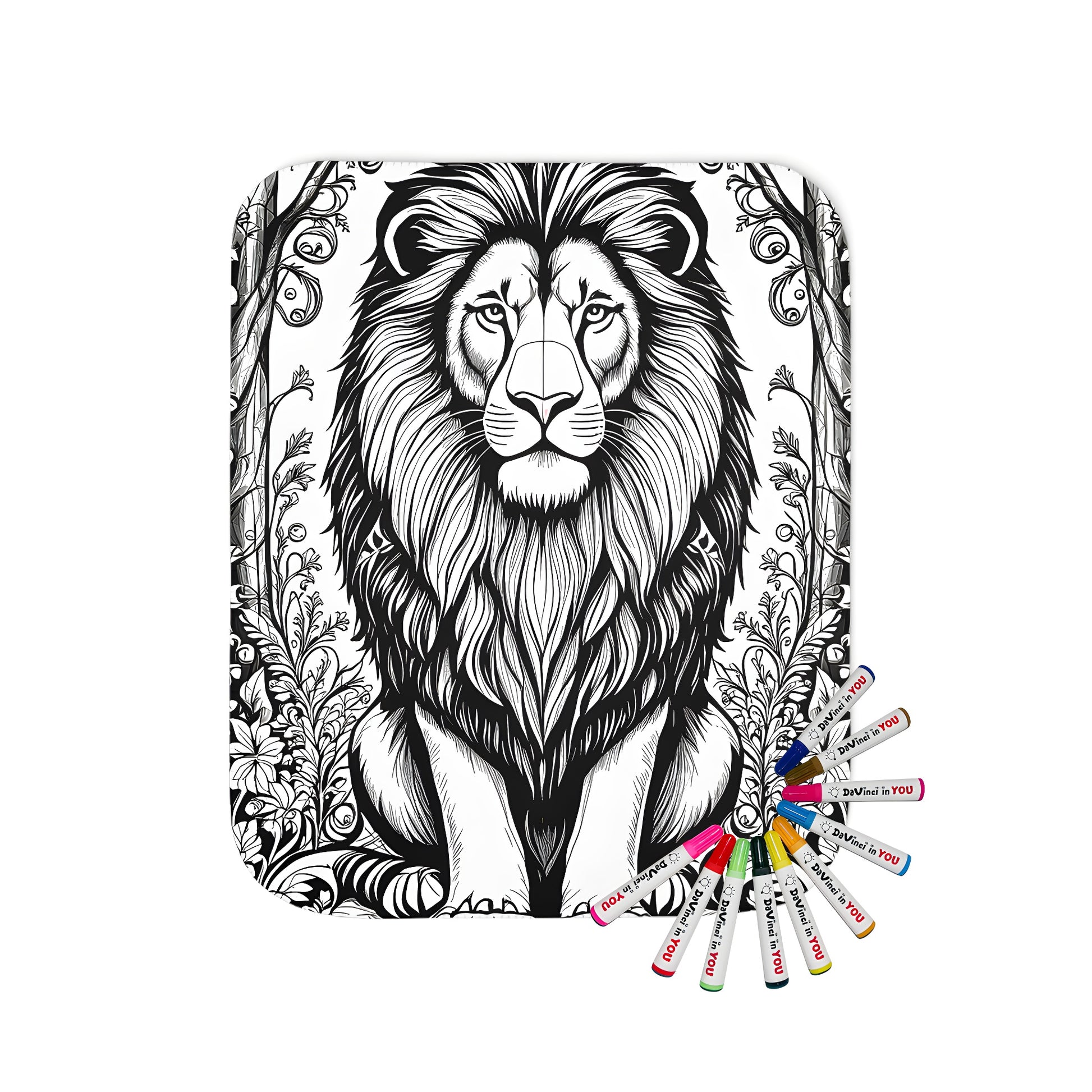 Blanket with majestic lion design, intricate floral patterns, and detailed leaves