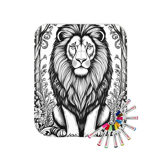 Blanket with majestic lion design, intricate floral patterns, and detailed leaves