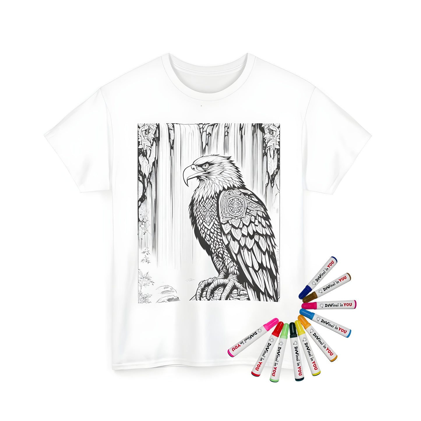 Unisex t-shirt featuring an intricately detailed bird of prey perches majestically in front of a cascading waterfall