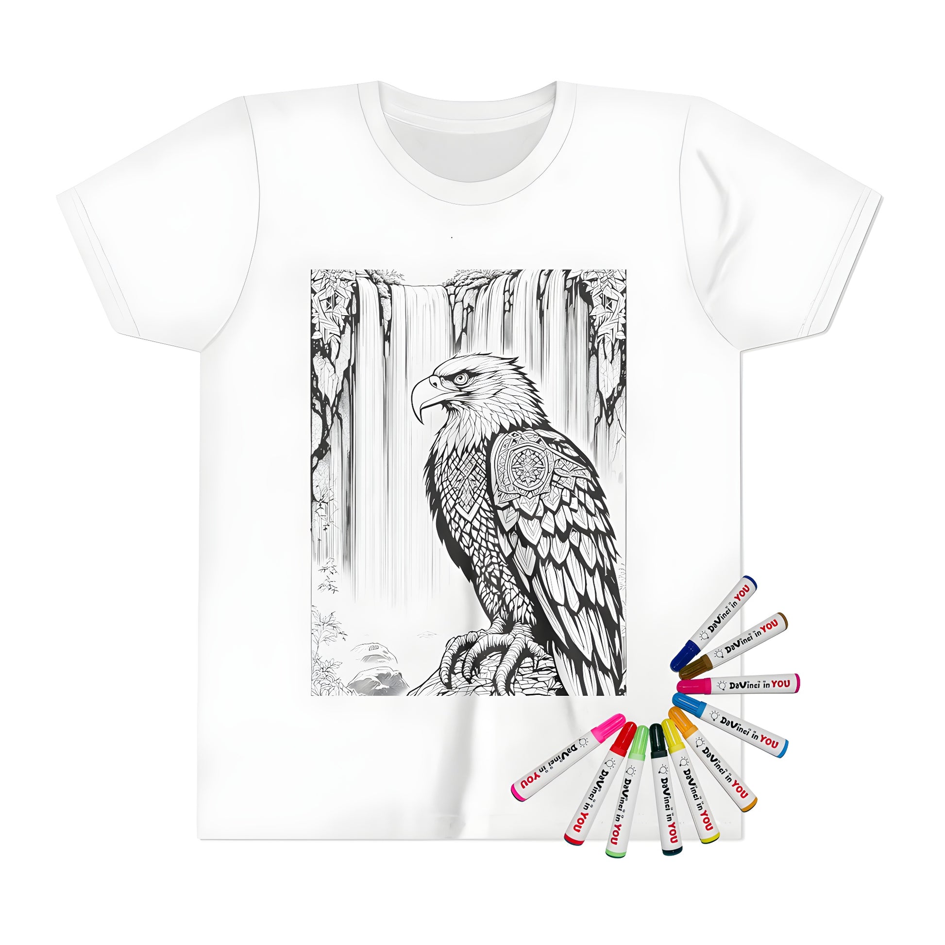 Kids coloring kit t-shirt featuring an intricately detailed eagle design with patterned feathers perched majestically in front of a cascading waterfall, perfect for artistic expression and fun