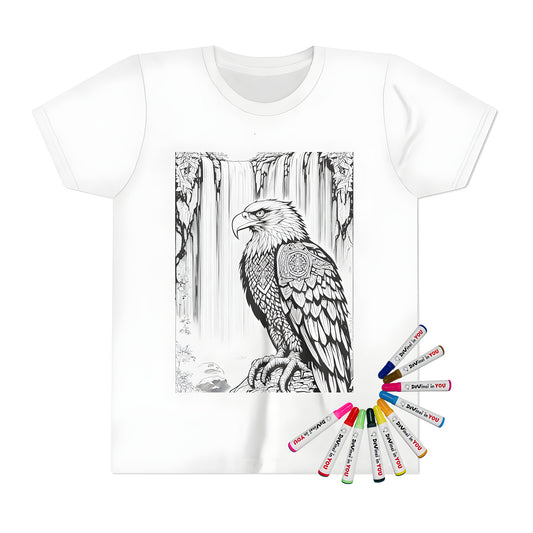 Kids coloring kit t-shirt featuring an intricately detailed eagle design with patterned feathers perched majestically in front of a cascading waterfall, perfect for artistic expression and fun