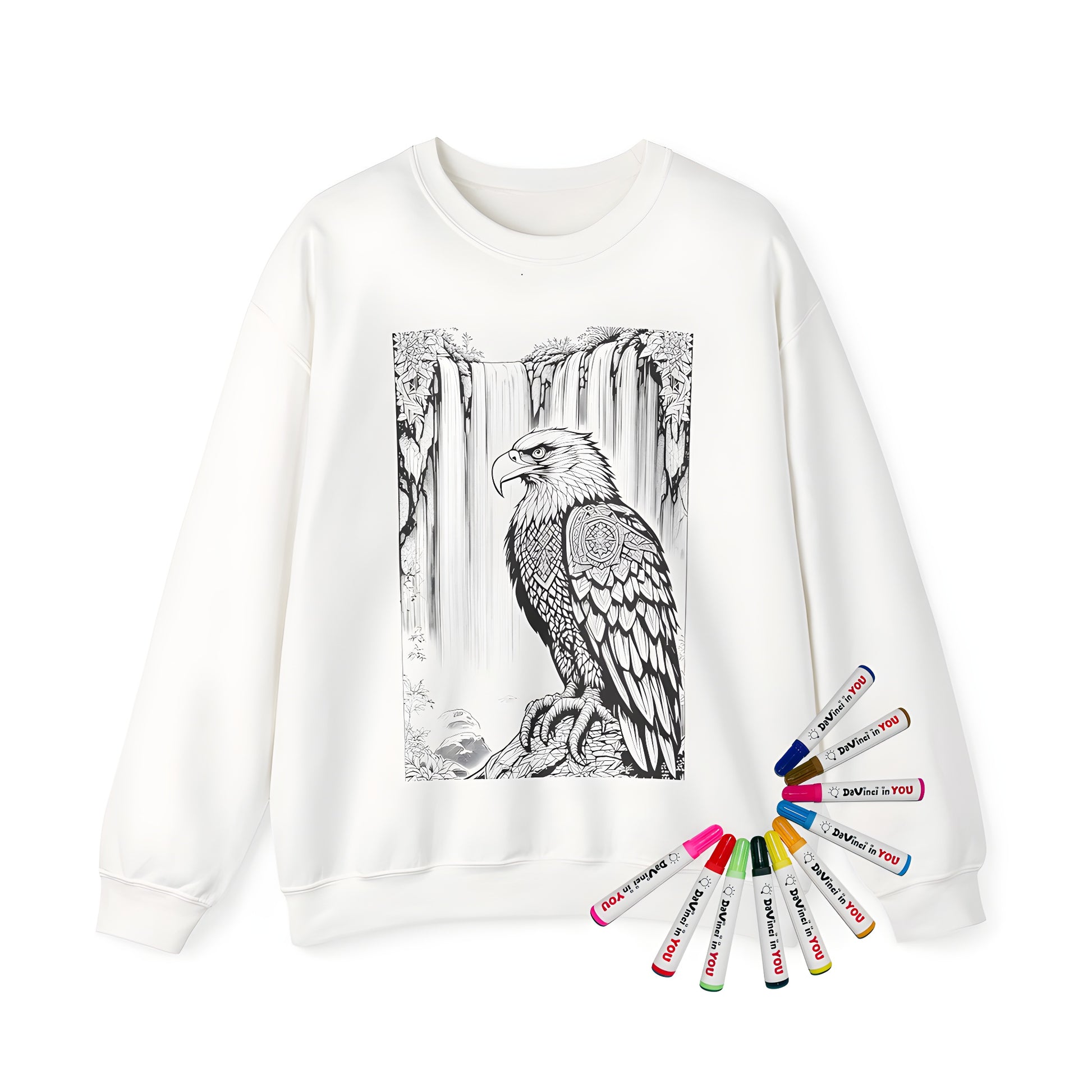 Adult Sweatshirt with intricate eagle design, featuring patterned feathers and a majestic waterfall backdrop