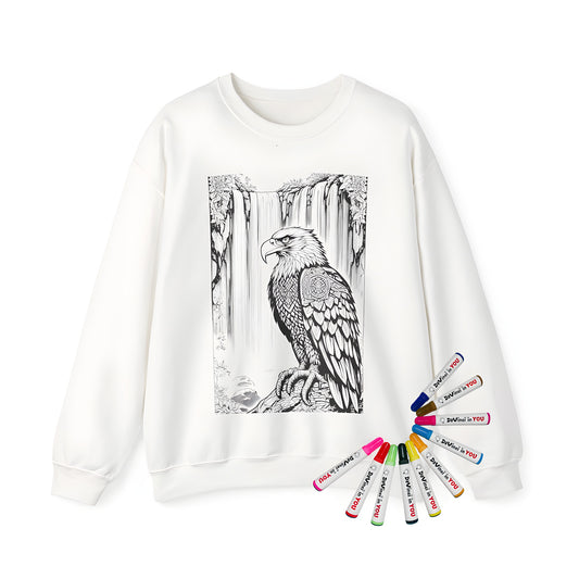Adult Sweatshirt with intricate eagle design, featuring patterned feathers and a majestic waterfall backdrop