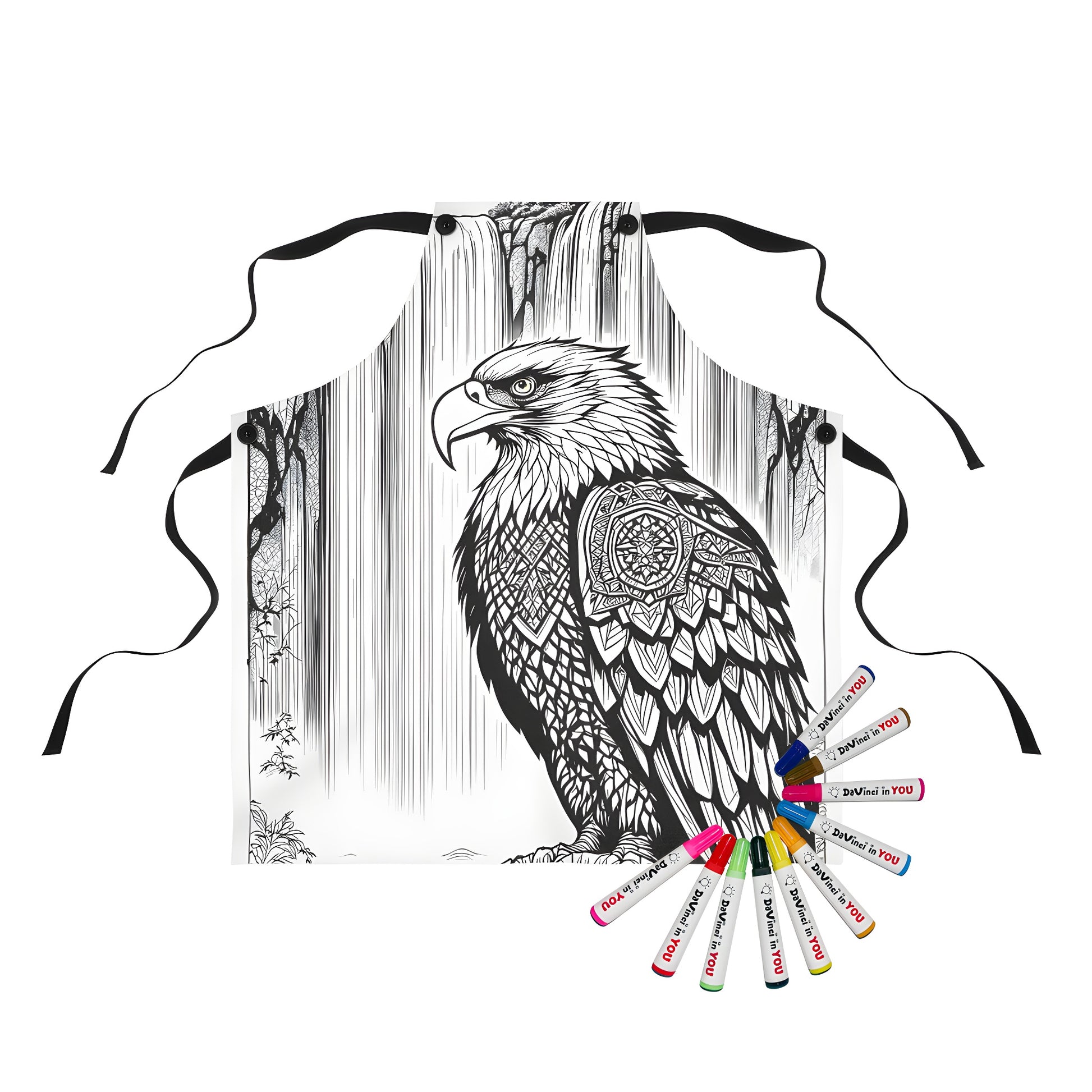 Coloring kit apron featuring an intricate eagle bird design with patterned feathers perched in front of a waterfall