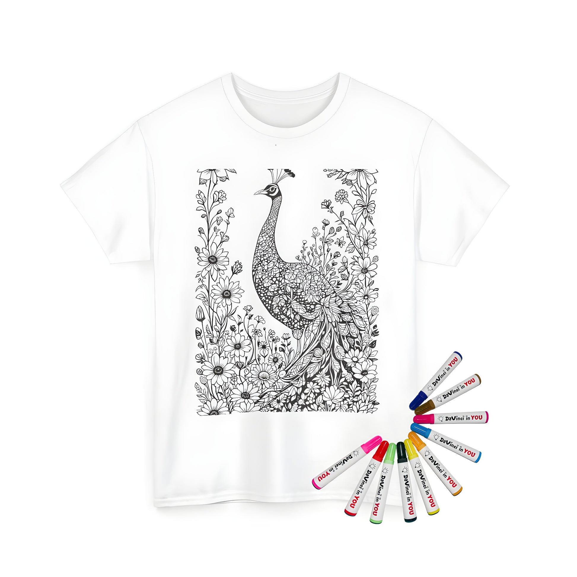 Unisex t-shirt with colorful peacock and floral garden design