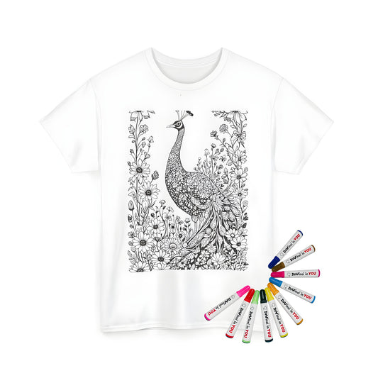 Unisex t-shirt with colorful peacock and floral garden design