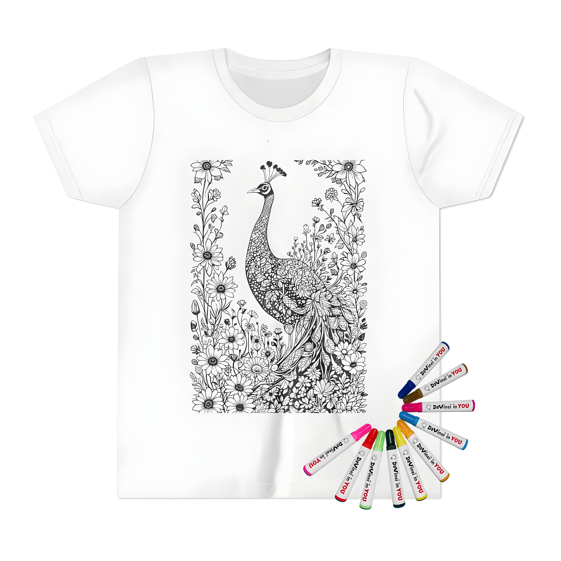 Kids' t-shirt featuring colorful peacock illustration surrounded by vibrant flowers and leaves in black and white coloring style