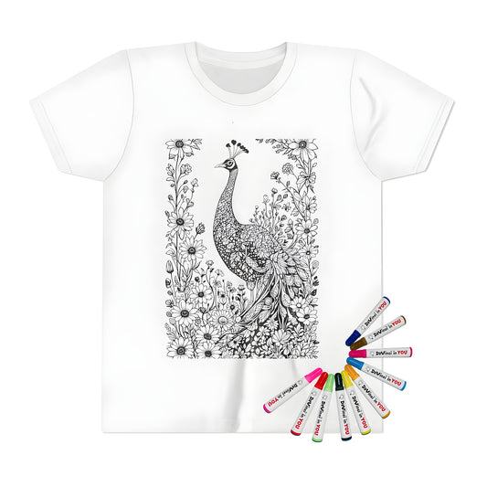 Kids' t-shirt featuring colorful peacock illustration surrounded by vibrant flowers and leaves in black and white coloring style