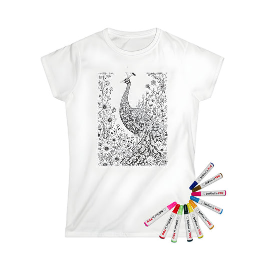 Women's T-shirt with vibrant peacock and floral garden design
