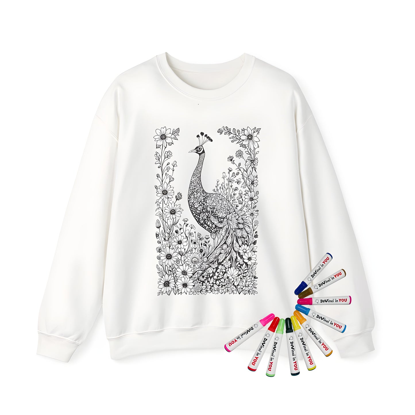 Adult sweatshirt with detailed peacock illustration surrounded by flowers and leaves for adults