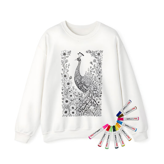 Adult sweatshirt with detailed peacock illustration surrounded by flowers and leaves for adults