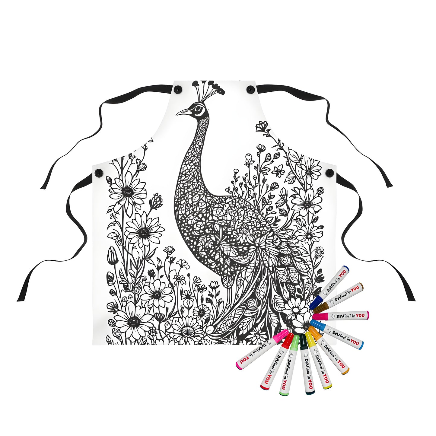 Coloring kit apron with peacock illustration surrounded by flowers and leaves in black and white style