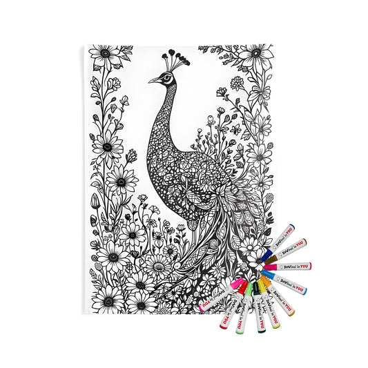 Coloring Kit for Wall Tapestry - Elegant Peacock Illustration in a Floral Garden Scene