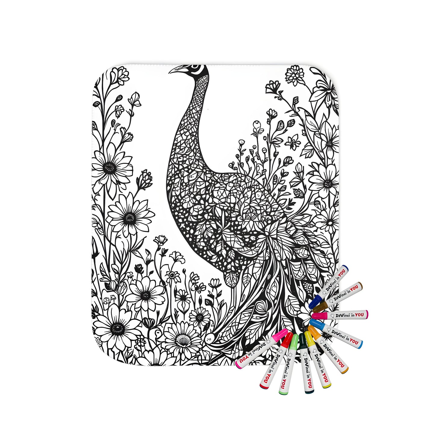 Blanket with detailed peacock illustration surrounded by flowers and leaves in black and white coloring style