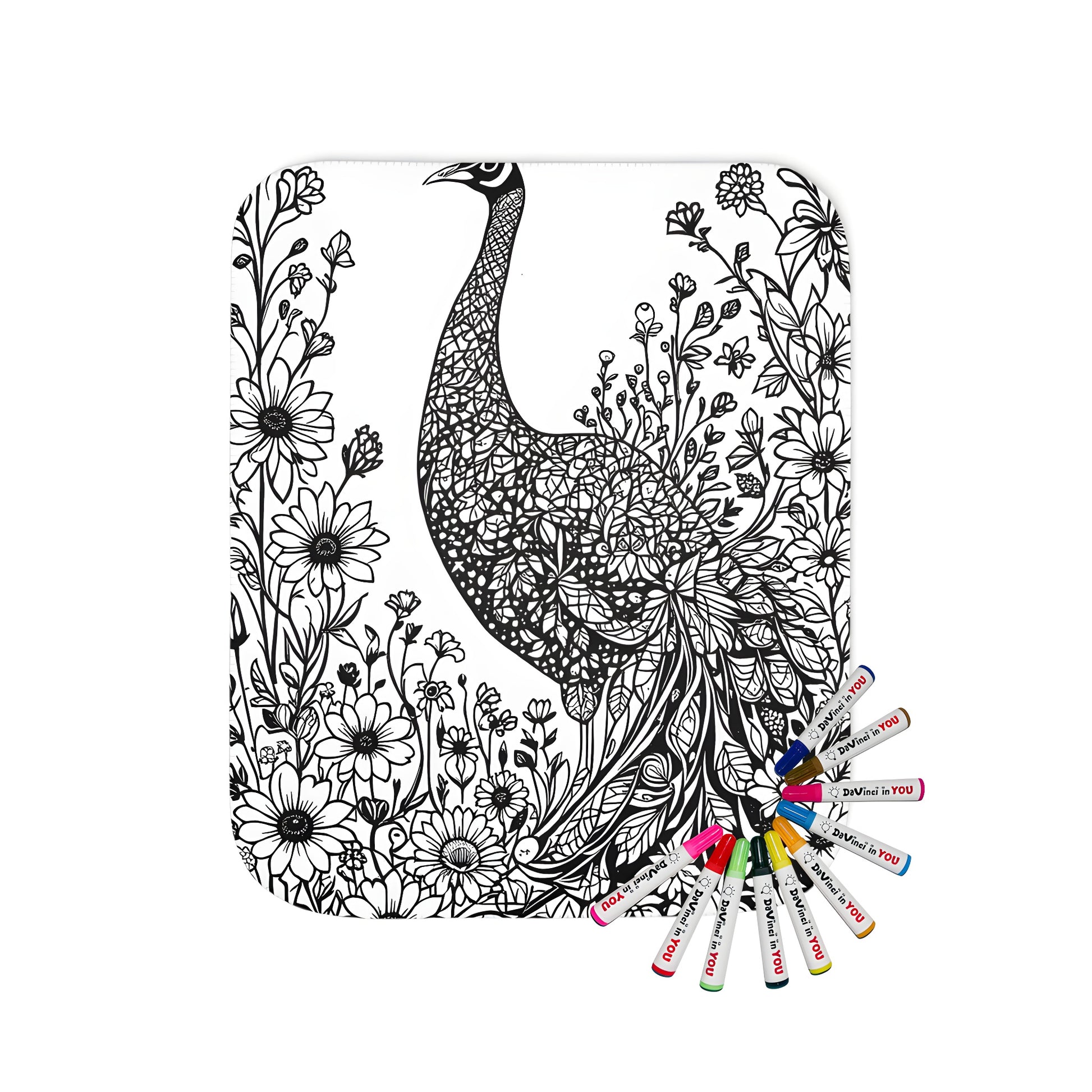 Blanket with detailed peacock illustration surrounded by flowers and leaves in black and white coloring style