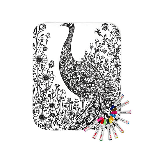Blanket with detailed peacock illustration surrounded by flowers and leaves in black and white coloring style