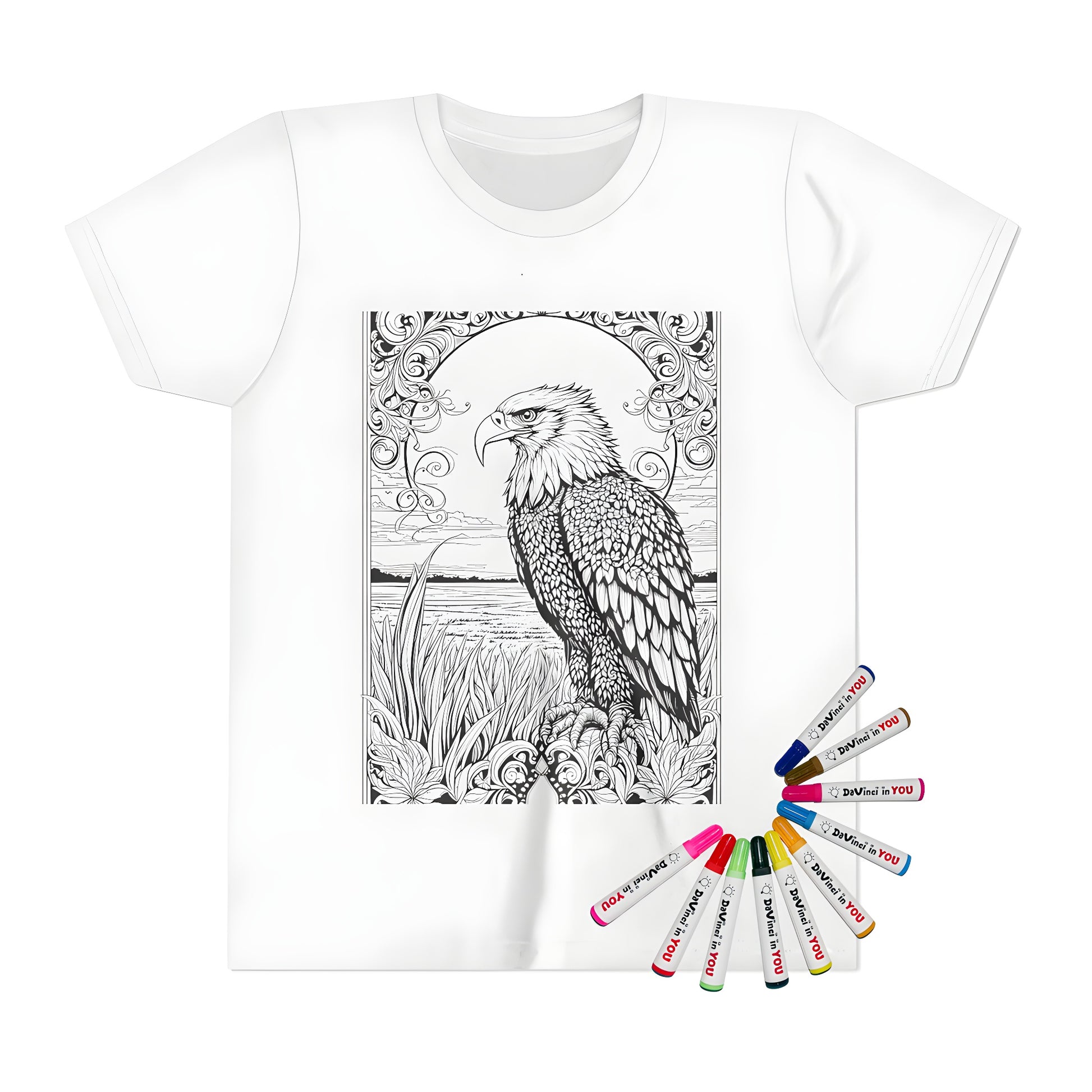 Coloring kit for kids with a majestic eagle design on a black and white background, featuring a natural setting and decorative floral borders, ideal for a kid's t-shirt