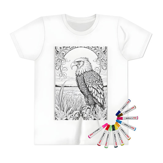 Coloring kit for kids with a majestic eagle design on a black and white background, featuring a natural setting and decorative floral borders, ideal for a kid's t-shirt