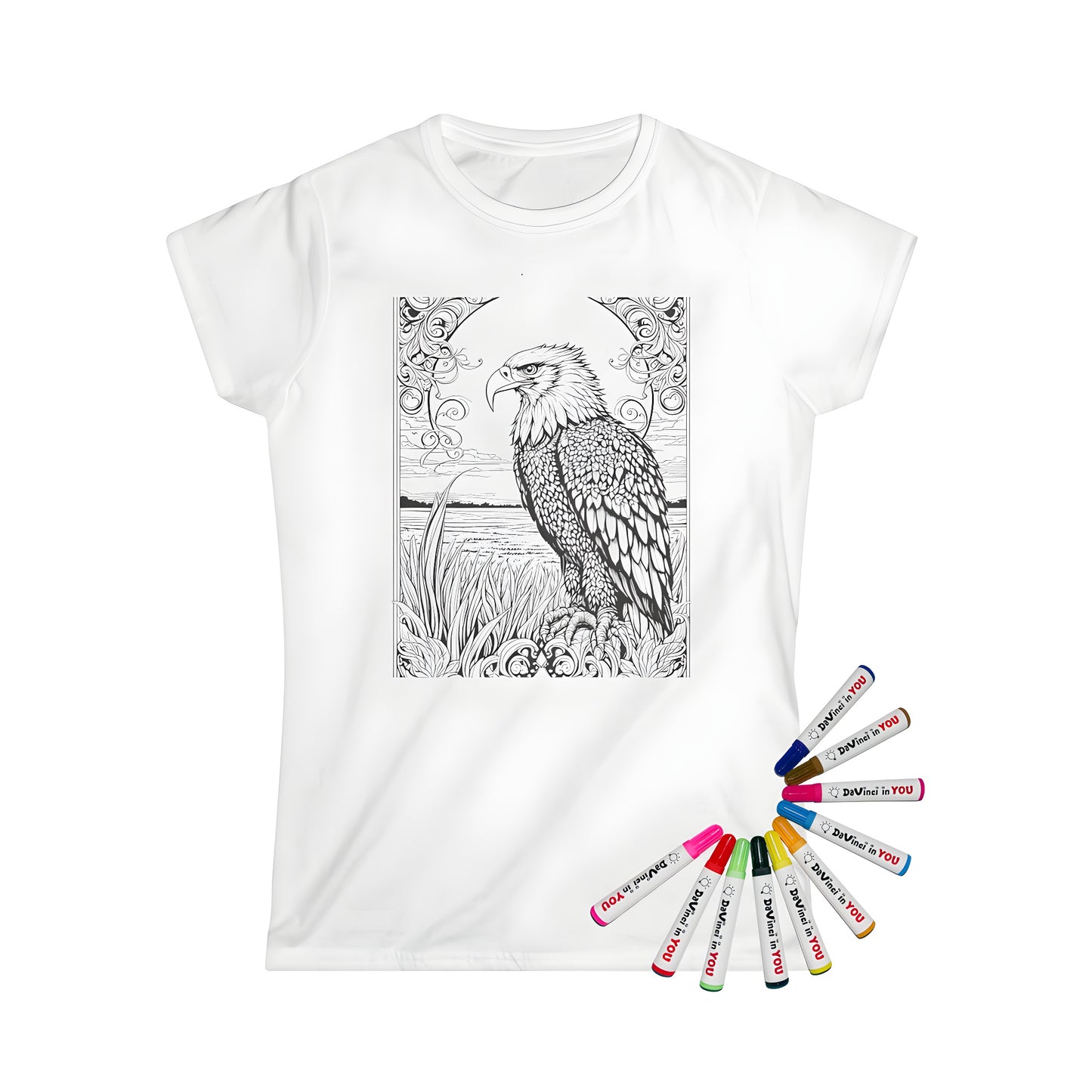Women's T-shirt with an intricate black and white eagle design for adult coloring, bordered by floral patterns. Perfect for those who love birds of prey, like hawks or falcons too.