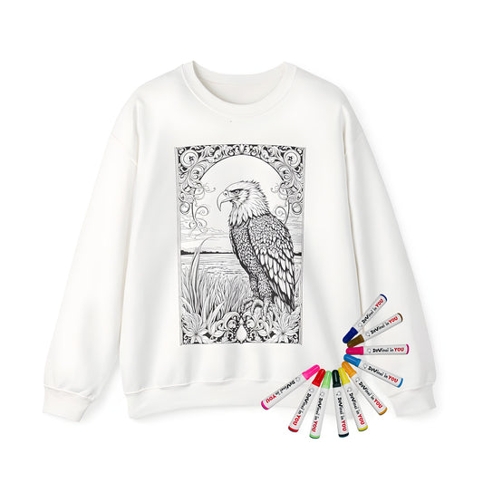 Adult sweatshirt with intricate black and white eagle design, featuring majestic birds in a natural setting, bordered by decorative floral patterns.