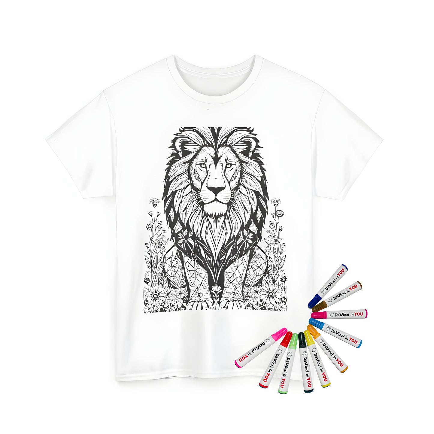 Unisex T-shirt featuring intricate line art of a lion among flowers for adults and kids coloring