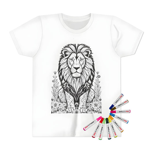 Intricate line art lion among flowers adult colouring page on a kid's t-shirt