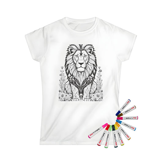 Women's t-shirt featuring intricate line art of a lion amidst vibrant floral patterns