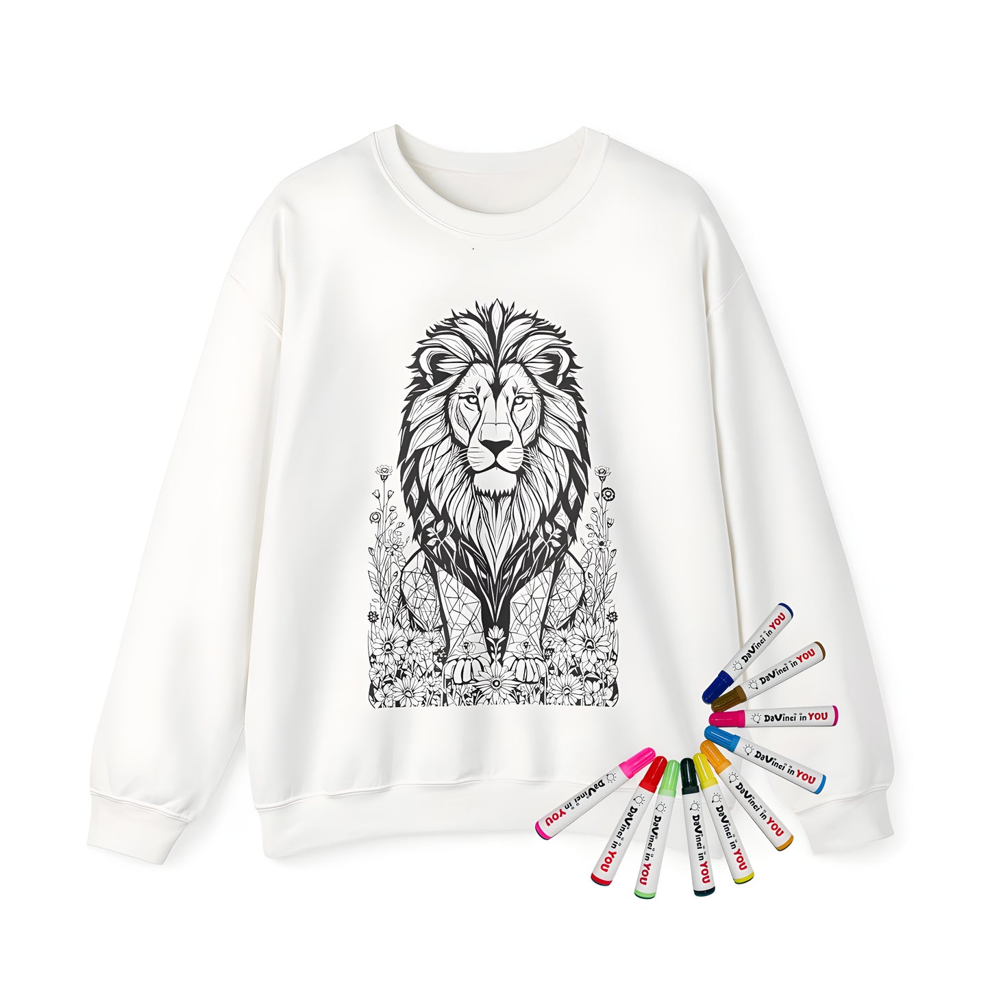 Intricate line art of lion among flowers design adult sweatshirt