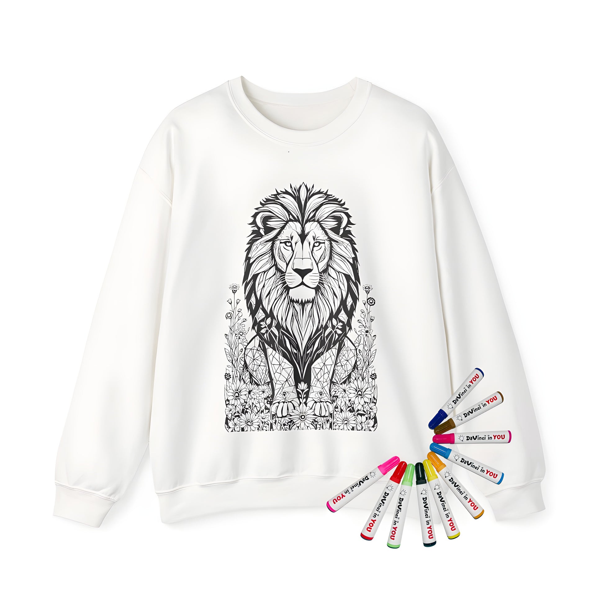 Intricate line art of lion among flowers design adult sweatshirt