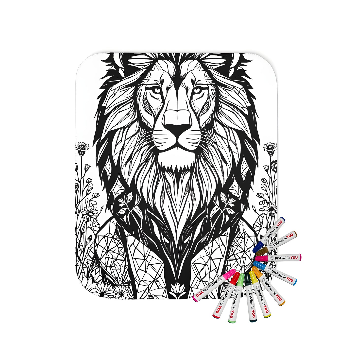 Blanket with a majestic lion design among vibrant flowers