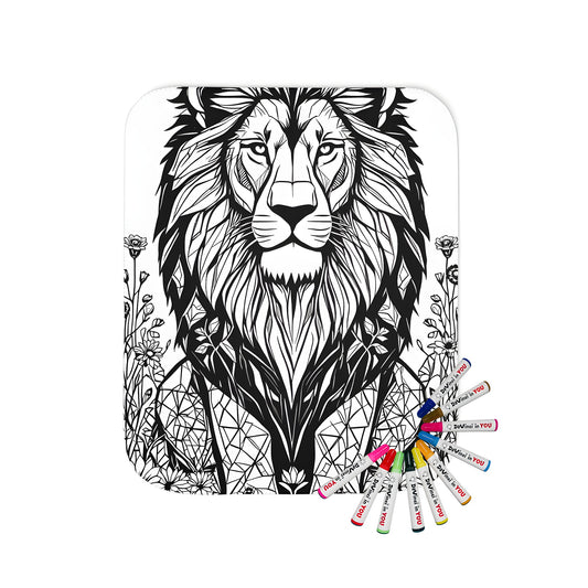 Blanket with a majestic lion design among vibrant flowers