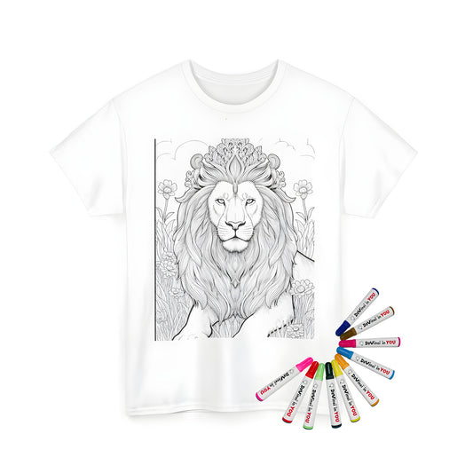 Unisex t-shirt featuring an intricate black and white lion design with decorative mane amidst flowers and grass. Perfect for men or women.