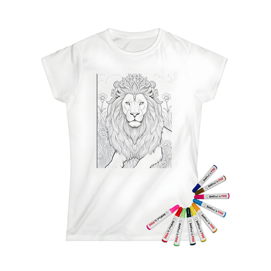 Women's t-shirt featuring an intricate black and white drawing of a majestic lion with regal mane, set amidst colorful flowers and grass.